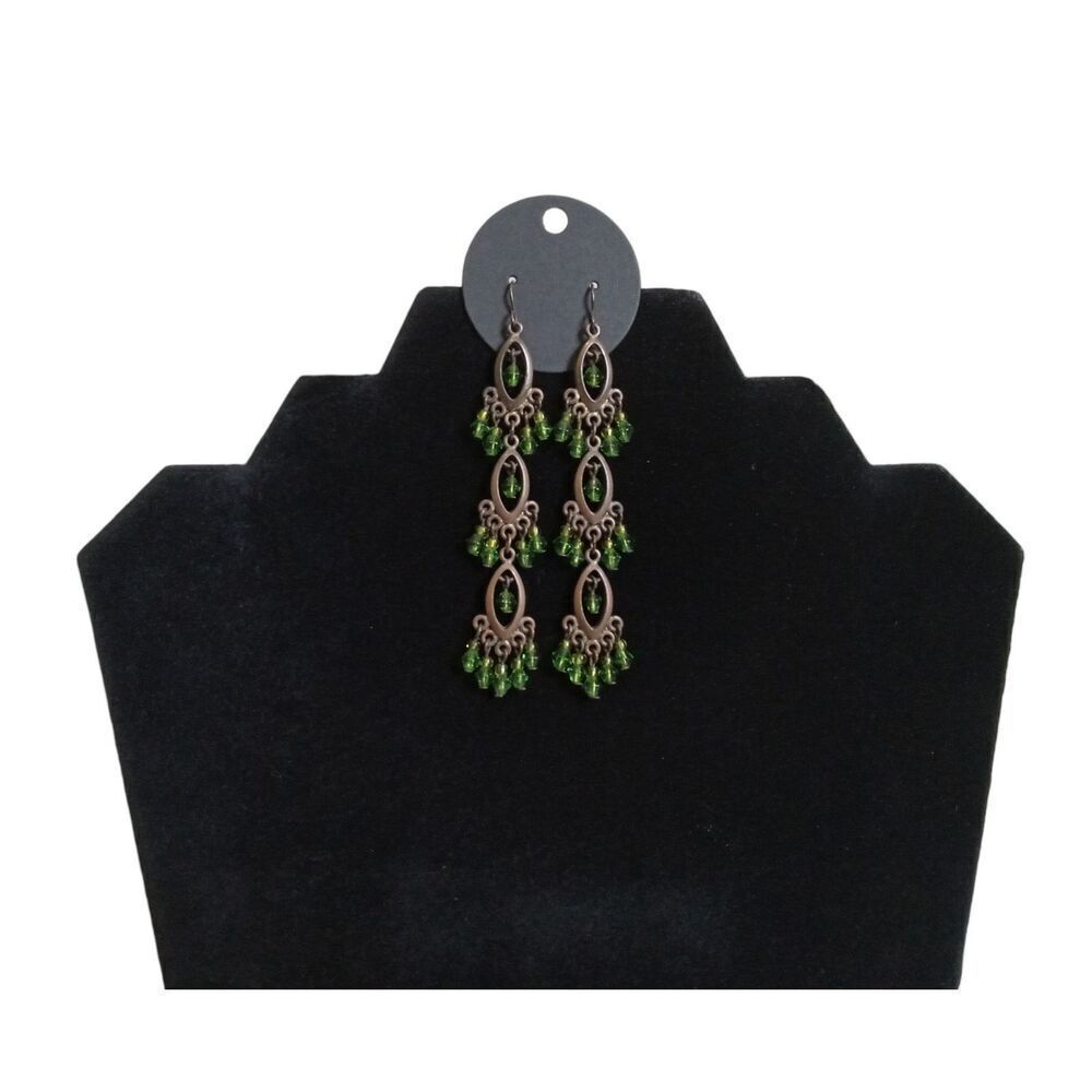 Vintage Translucent Green Beaded & Brassy Toned Metal Dangle Statement Earrings